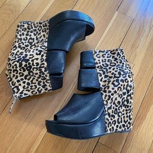 MATIKO Wedges Heels, Cheetah & Black, Peekaboo Cut Outs, Size Women’s 6.5, used.